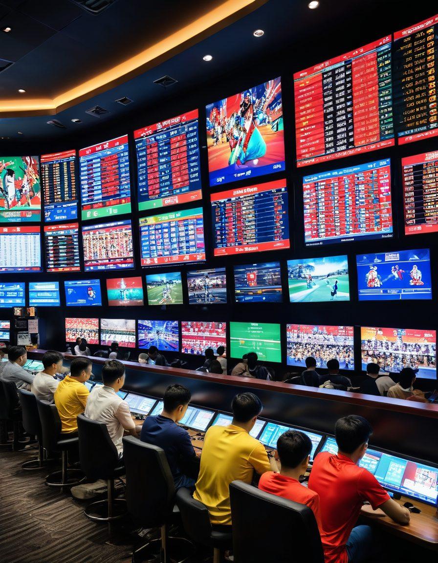 An exciting scene depicting a vibrant Asian sports betting atmosphere, showcasing diverse individuals engaged in real-time wagering while watching a thrilling sports event on large screens. Include elements like colorful betting slips, a variety of sports gear, and Asian sports iconic imagery. The setting should convey a sense of excitement and strategy, with dynamic lighting and vivid details to enhance the allure of winning strategies. digital art. vibrant colors. contemporary style.