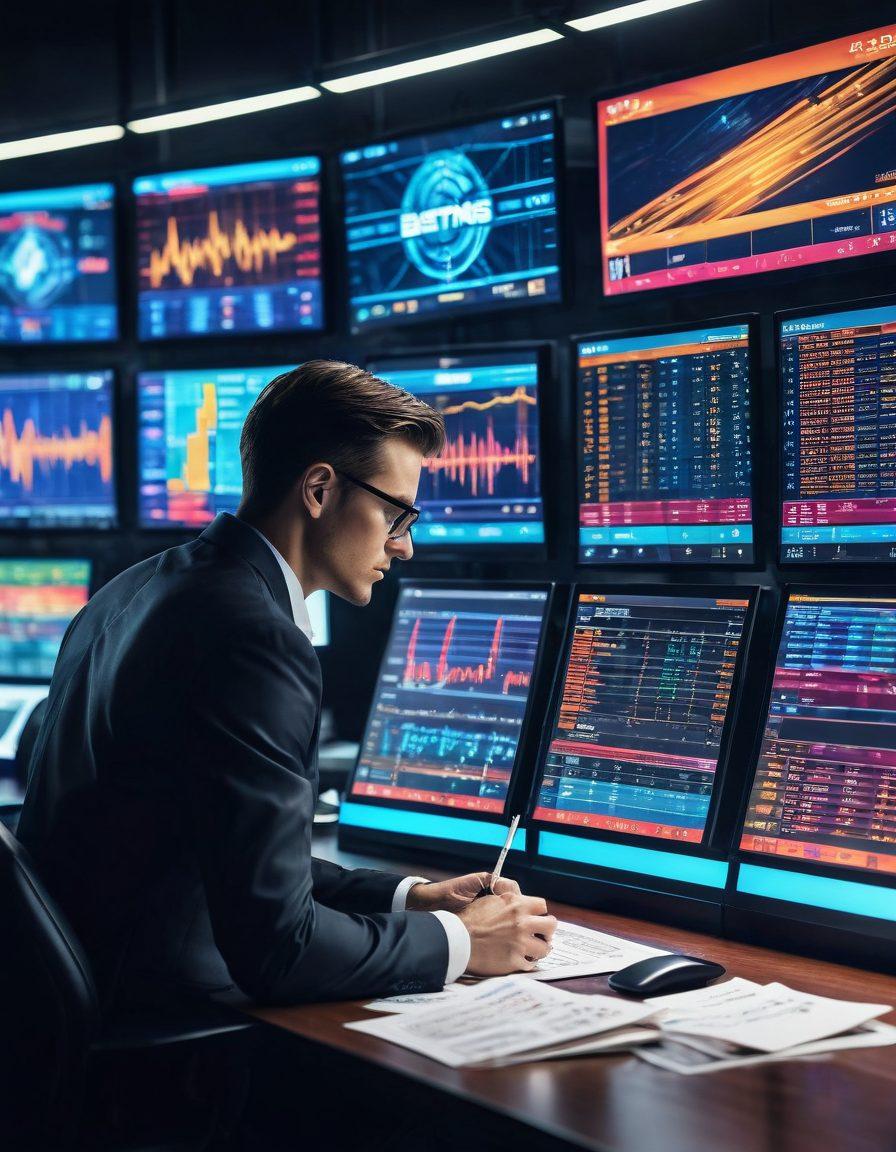 A dynamic scene depicting a confident sports bettor intently studying multiple screens displaying odds and stats for various sports events. The background features high-tech elements, like glowing digital charts and graphs symbolizing winning strategies. A pile of betting slips and a coffee cup sit on the table, illustrating focus and determination. Incorporate vivid colors to energize the atmosphere. cyberpunk, super-realistic, vibrant colors.